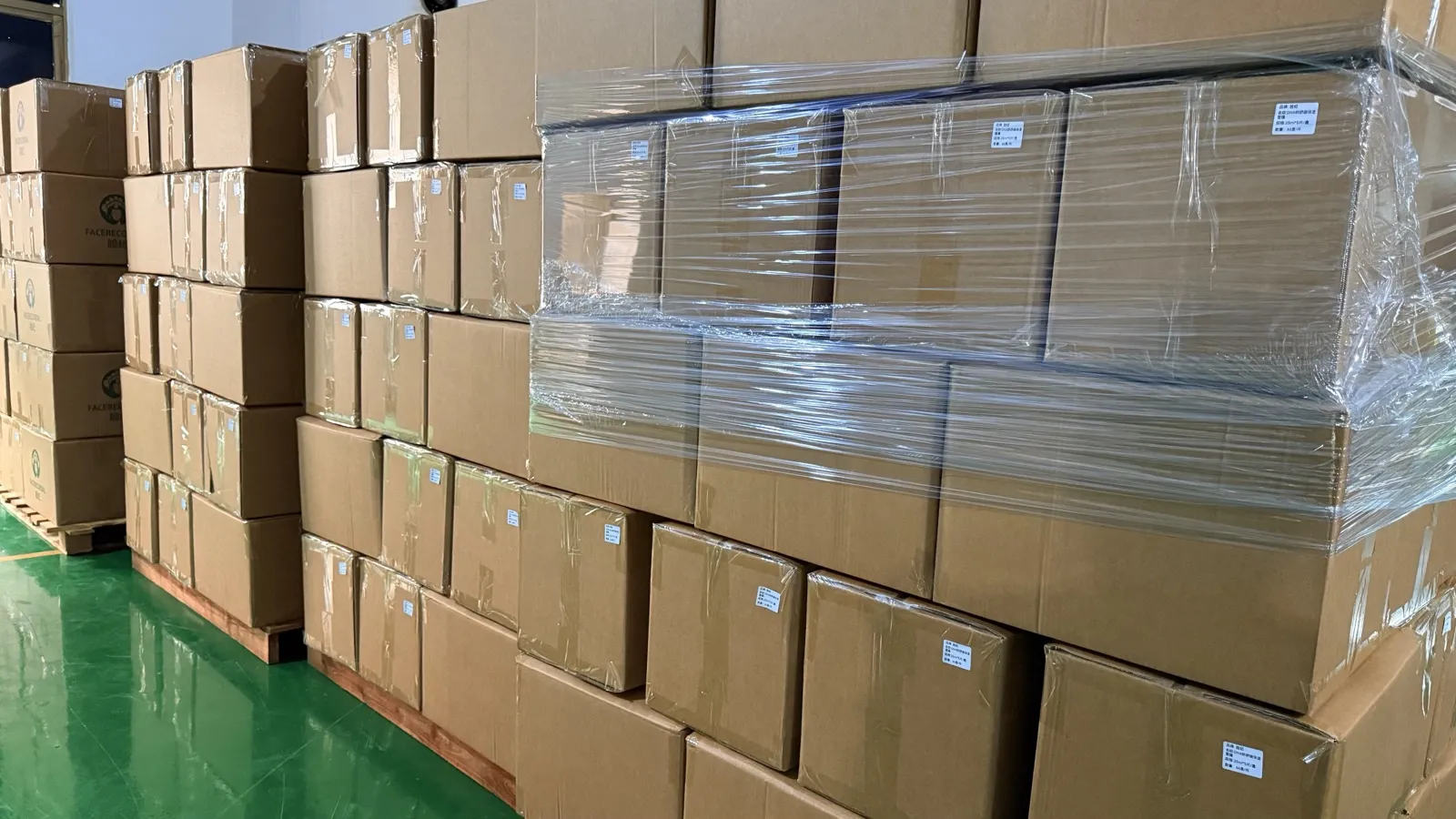 Palletised finished goods staged for sea freight, the transport conditions that set adhesive, board and closure specifications for tropical and Middle East destinations