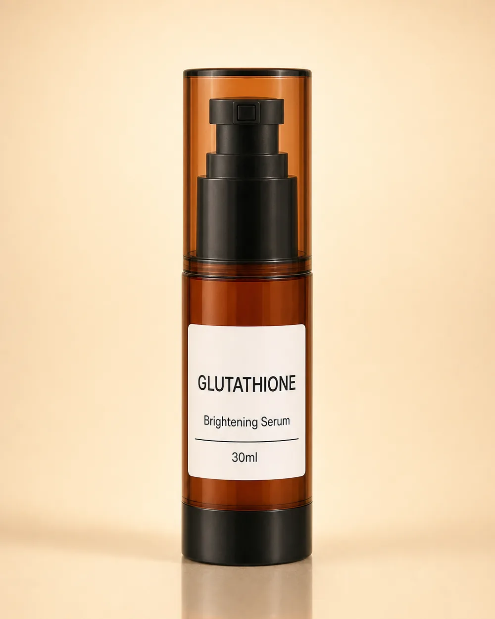 Glutathione brightening serum in an airless pump bottle, the format specified because the thiol group that makes the active work is also what makes it oxidation-sensitive